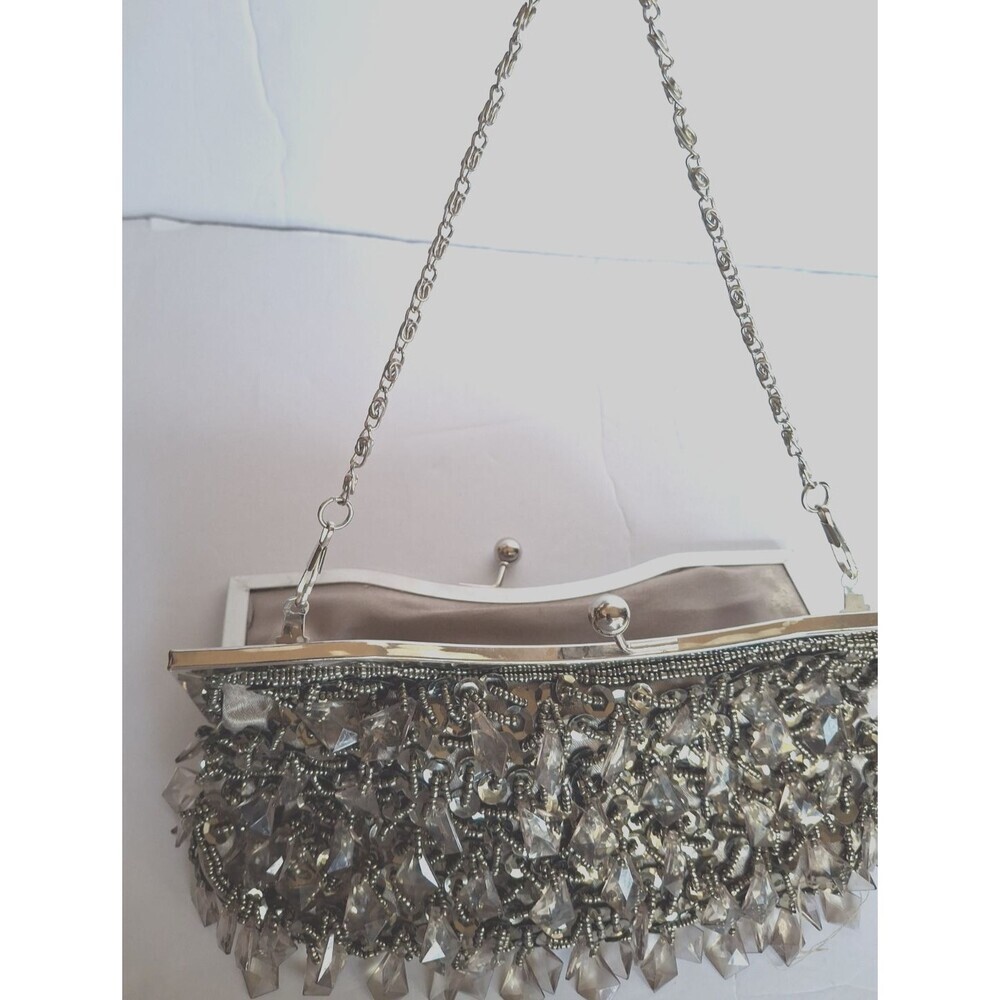 Vintage Mini Silver Beaded Evening Handbag Purse Special Occasion Prom Wedding - Picture 3 of 7